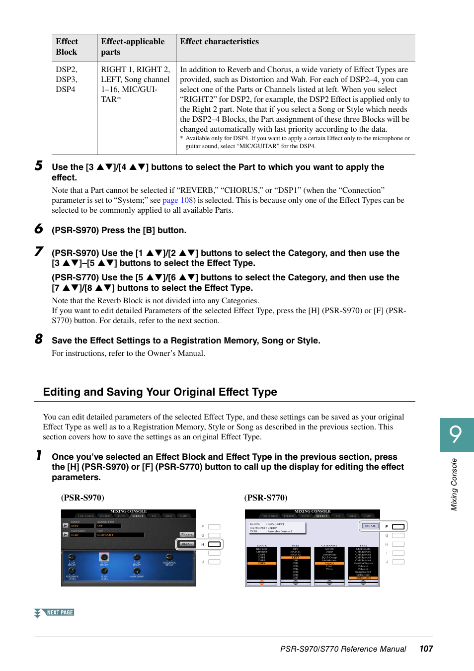 Editing and saving your original effect type | Yamaha PSR-S770 User Manual | Page 107 / 134