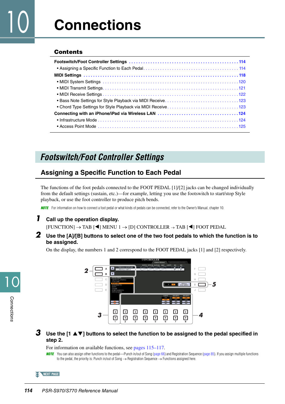 Connections, Footswitch/foot controller settings, Assigning a specific function to each pedal | Yamaha PSR-S770 User Manual | Page 114 / 134