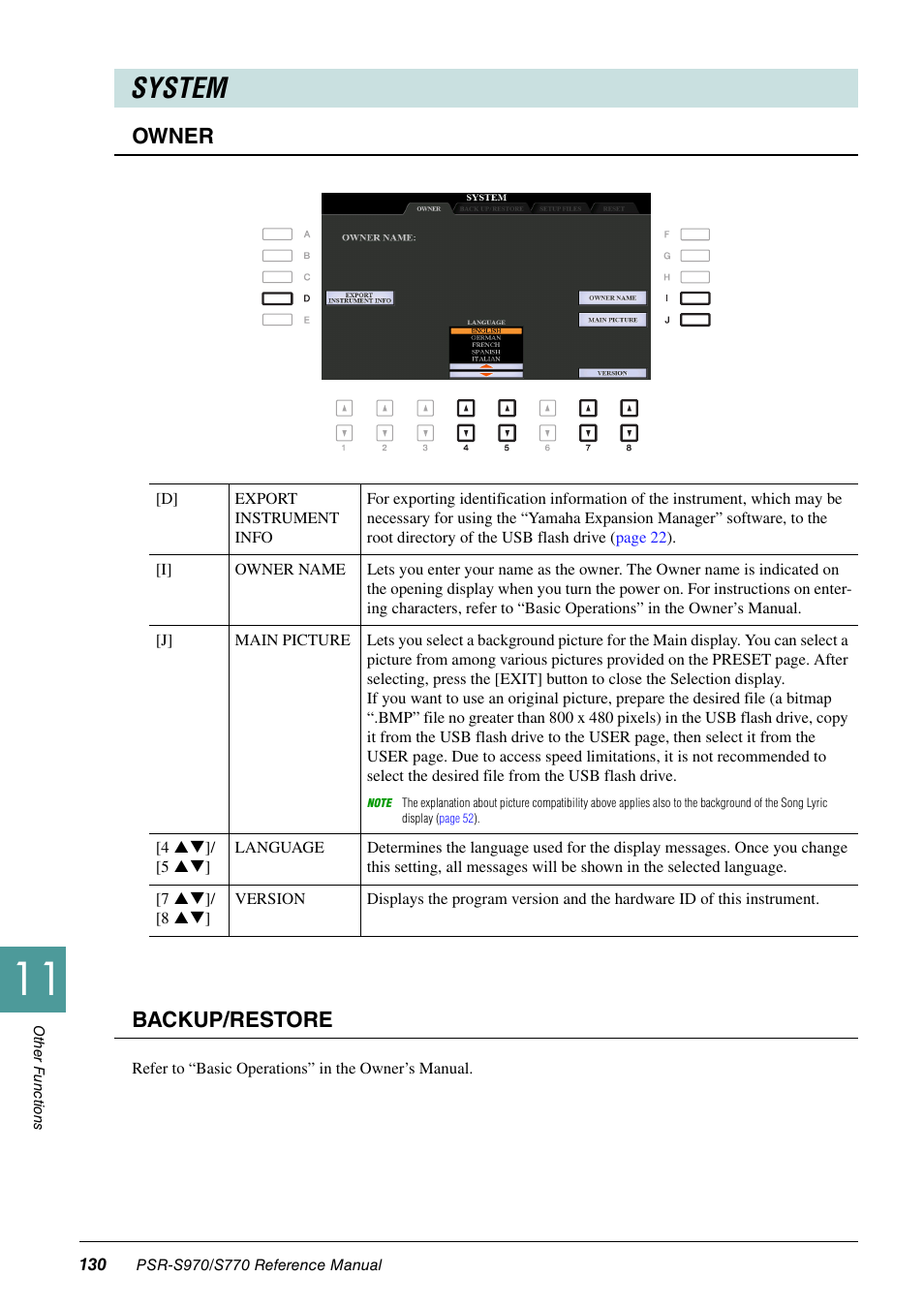 System, Owner, Backup/restore | Owner backup/restore | Yamaha PSR-S770 User Manual | Page 130 / 134