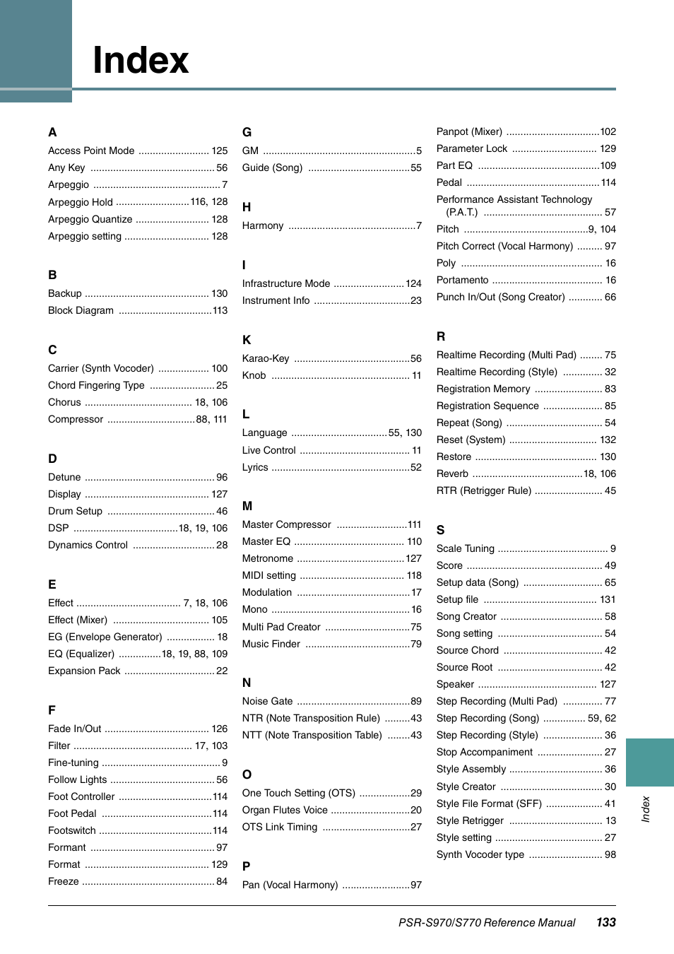 Index | Yamaha PSR-S770 User Manual | Page 133 / 134