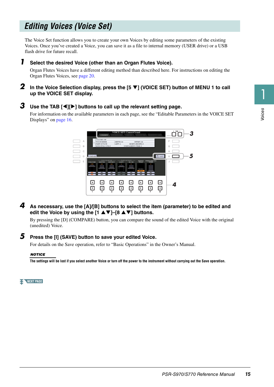 Editing voices (voice set) | Yamaha PSR-S770 User Manual | Page 15 / 134