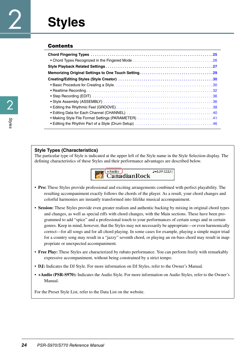 Styles | Yamaha PSR-S770 User Manual | Page 24 / 134