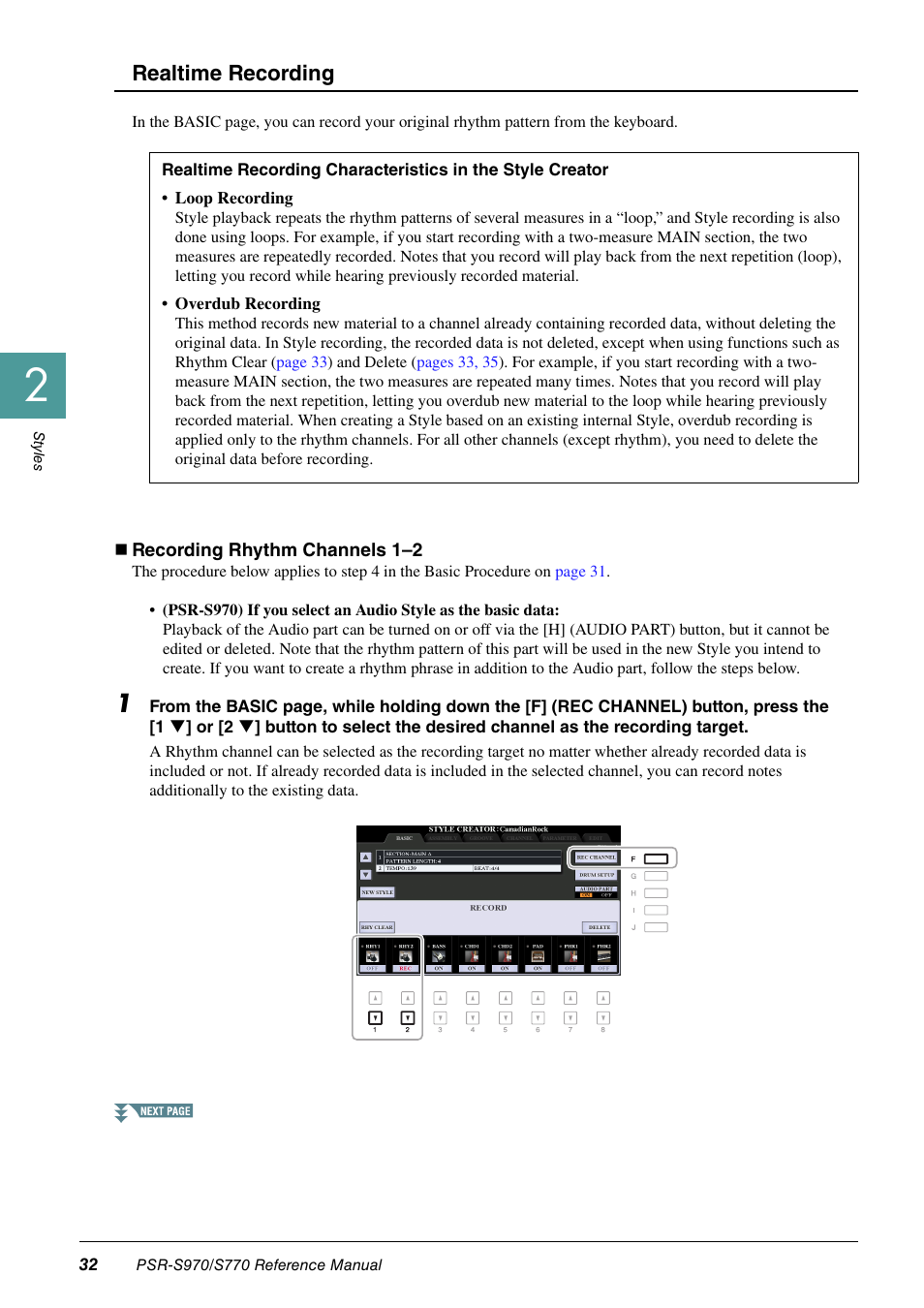 Realtime recording | Yamaha PSR-S770 User Manual | Page 32 / 134