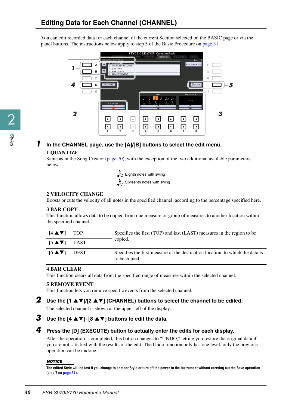 Editing data for each channel (channel) | Yamaha PSR-S770 User Manual | Page 40 / 134