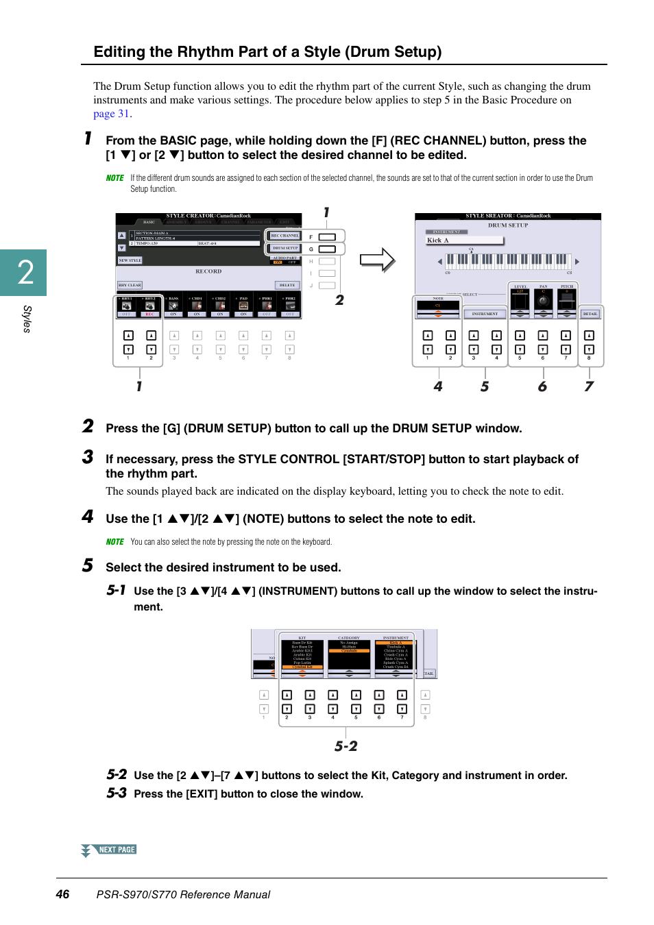 Editing the rhythm part of a style (drum setup) | Yamaha PSR-S770 User Manual | Page 46 / 134