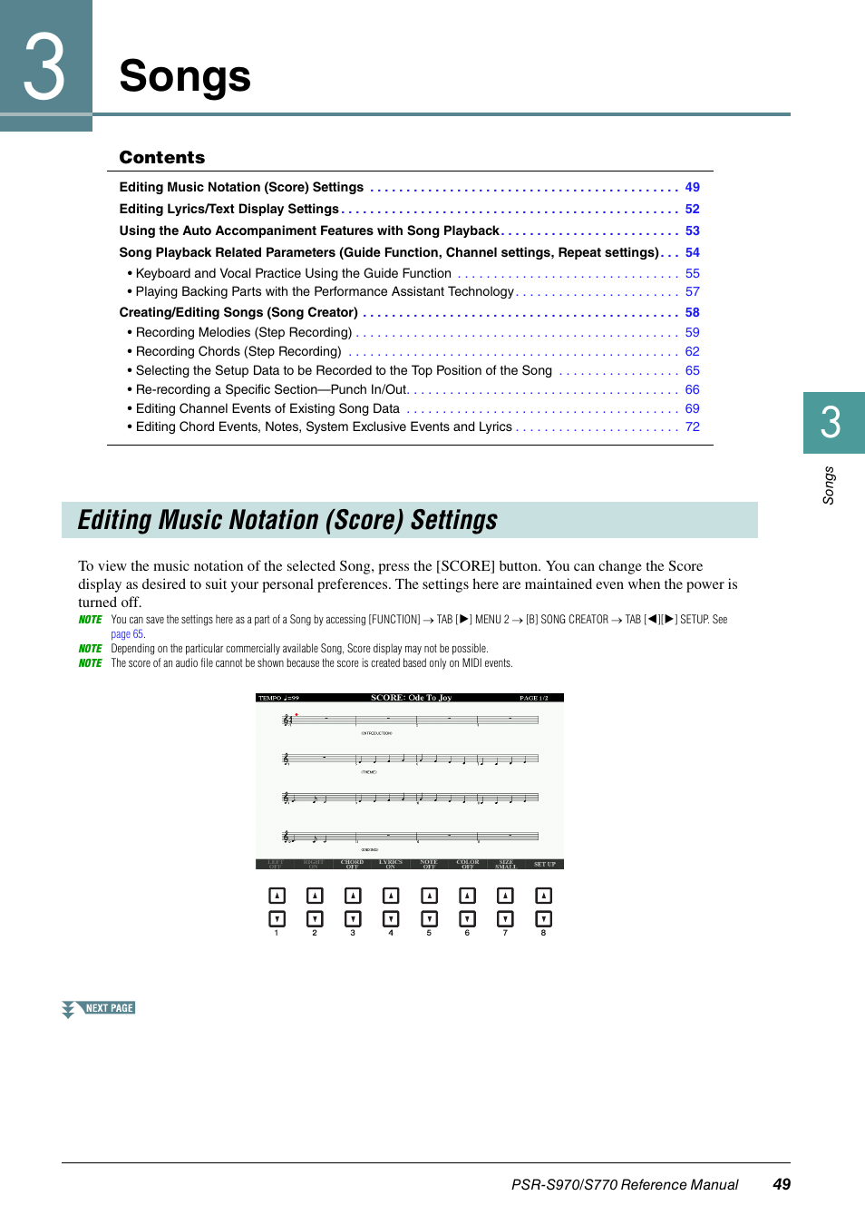 Songs, Editing music notation (score) settings | Yamaha PSR-S770 User Manual | Page 49 / 134