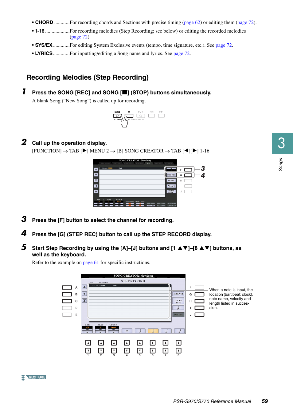 Ges 59, Recording melodies (step recording) | Yamaha PSR-S770 User Manual | Page 59 / 134