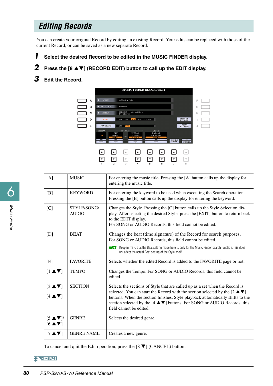 Editing records | Yamaha PSR-S770 User Manual | Page 80 / 134