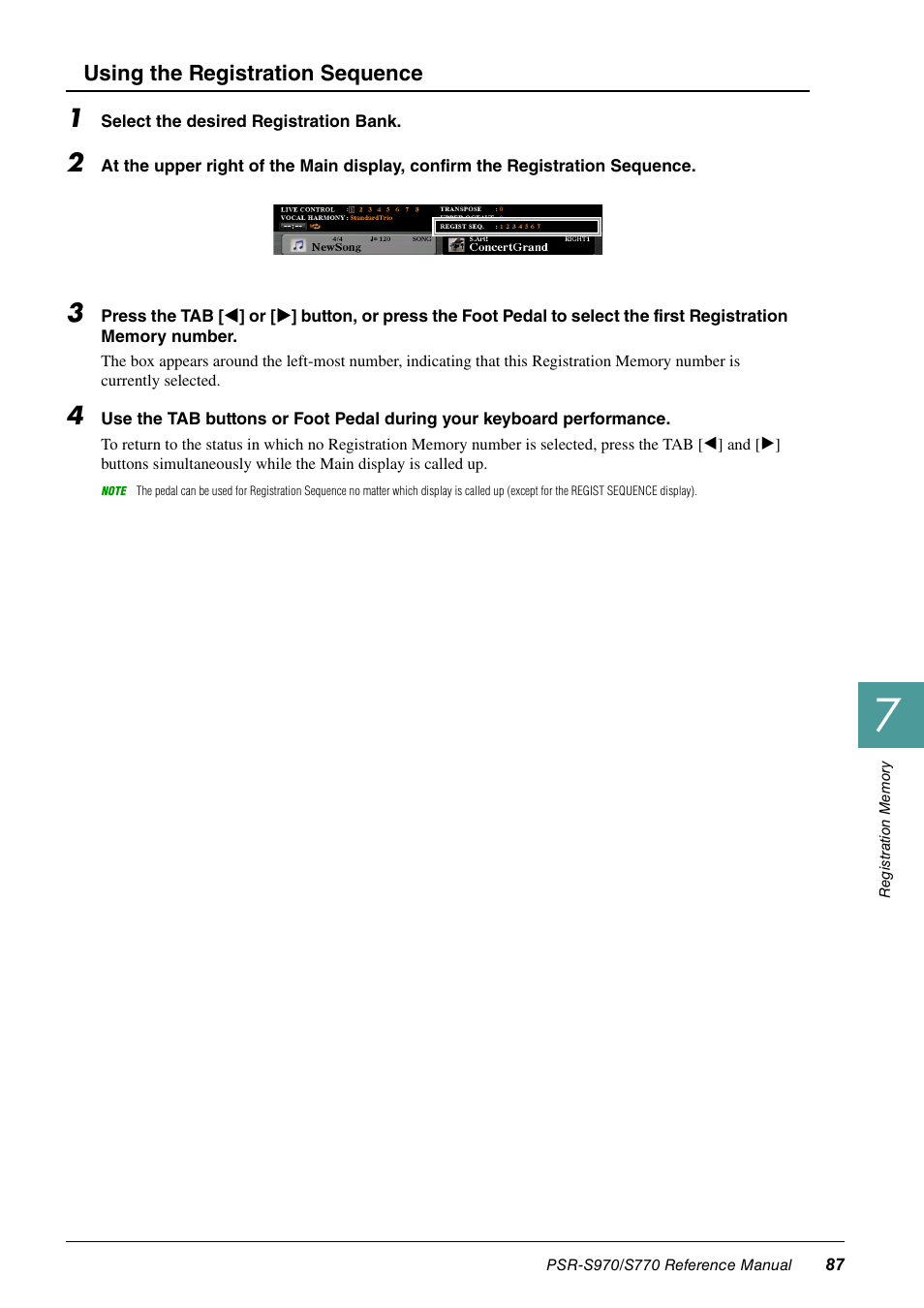 Using the registration sequence | Yamaha PSR-S770 User Manual | Page 87 / 134