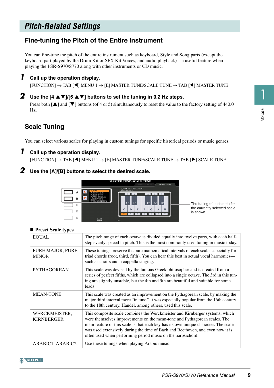 Pitch-related settings, Fine-tuning the pitch of the entire instrument, Scale tuning | Yamaha PSR-S770 User Manual | Page 9 / 134