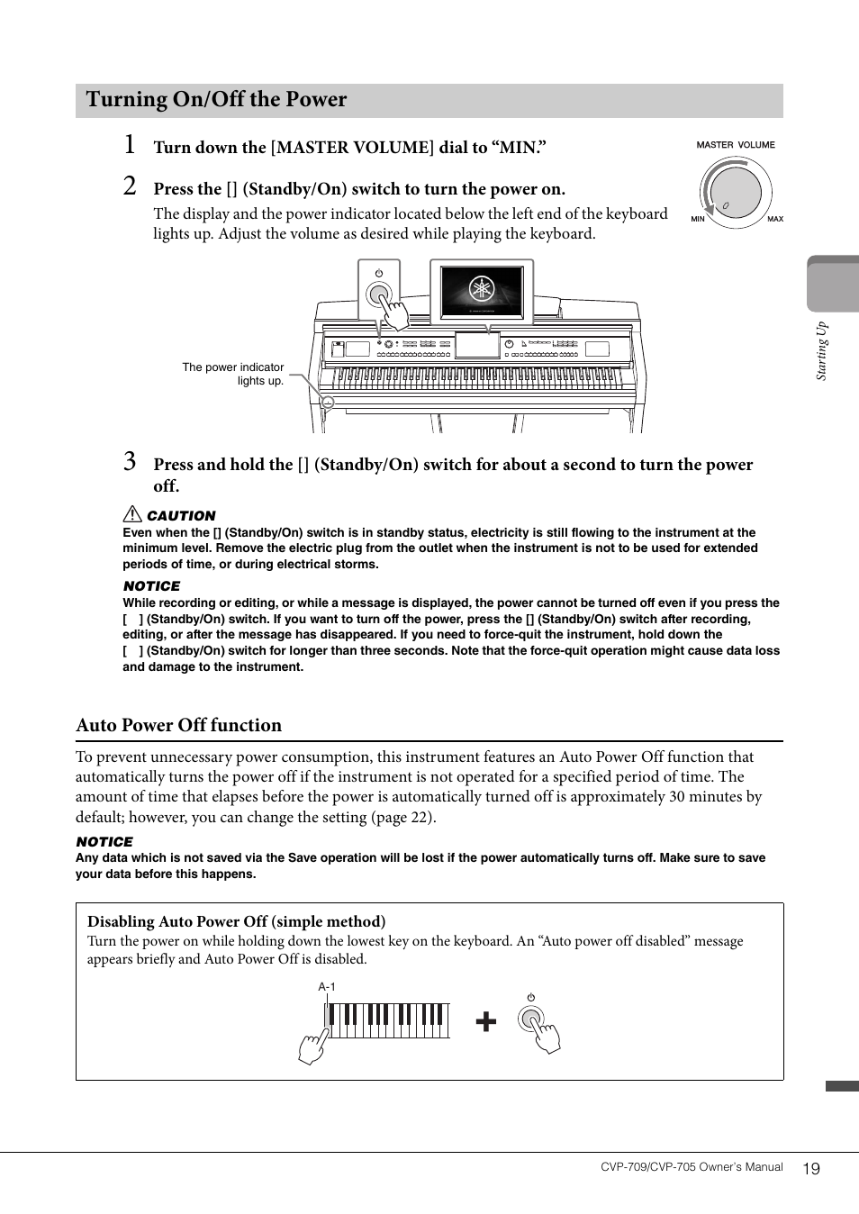 Turning on/off the power, Auto power off function | Yamaha CVP-705B User Manual | Page 19 / 128