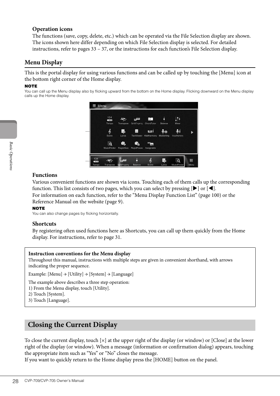 Closing the current display, Menu display | Yamaha CVP-705B User Manual | Page 28 / 128