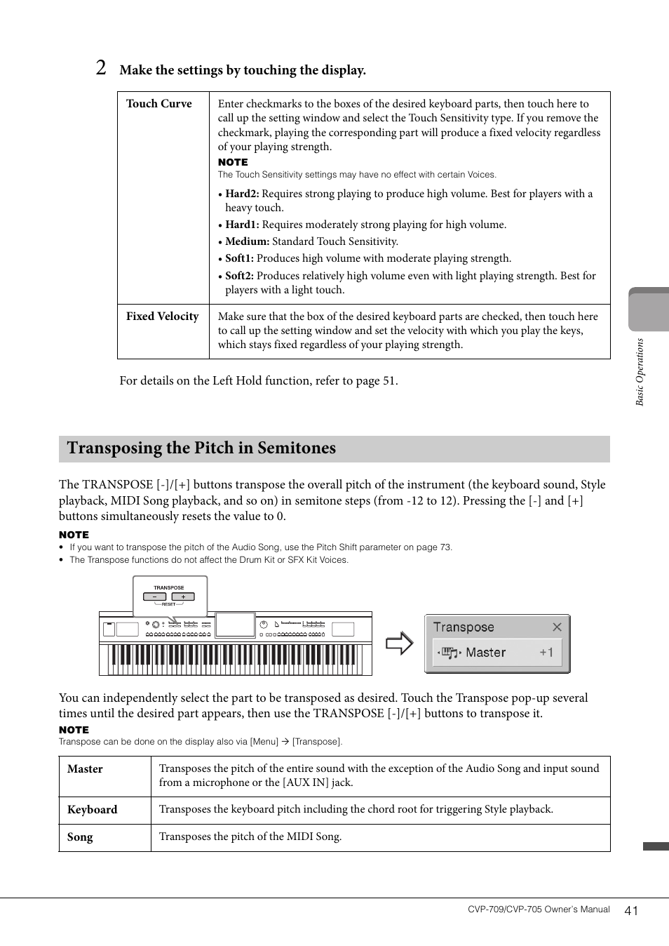 Transposing the pitch in semitones, Make the settings by touching the display | Yamaha CVP-705B User Manual | Page 41 / 128