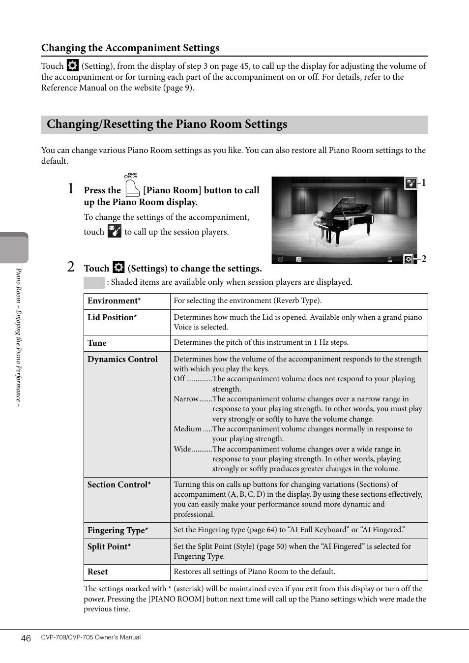 Changing/resetting the piano room settings, Changing the accompaniment settings | Yamaha CVP-705B User Manual | Page 46 / 128