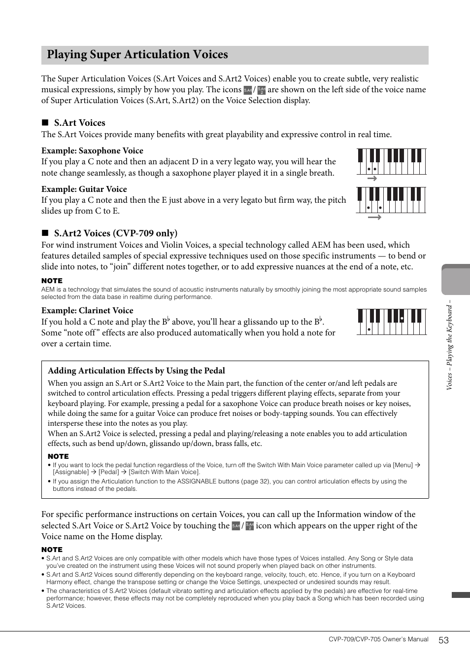 Playing super articulation voices, S.art voices, S.art2 voices (cvp-709 only) | Yamaha CVP-705B User Manual | Page 53 / 128