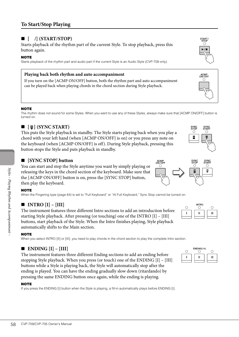 Start/stop), Sync start), Sync stop] button | Intro [i] – [iii, Ending [i] – [iii | Yamaha CVP-705B User Manual | Page 58 / 128