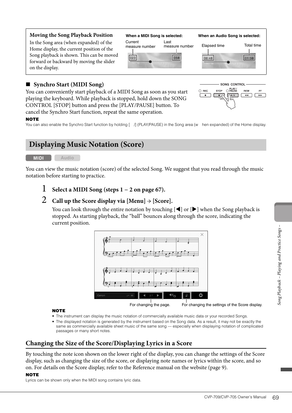 Displaying music notation (score), Synchro start (midi song), Select a midi song (steps 1 − 2 on page 67 ) | Call up the score display via [menu] → [score | Yamaha CVP-705B User Manual | Page 69 / 128