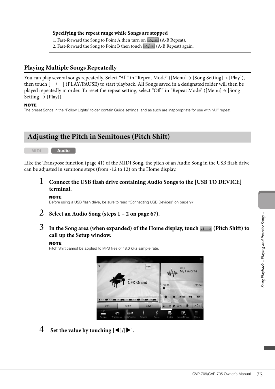 Adjusting the pitch in semitones (pitch shift), Playing multiple songs repeatedly | Yamaha CVP-705B User Manual | Page 73 / 128