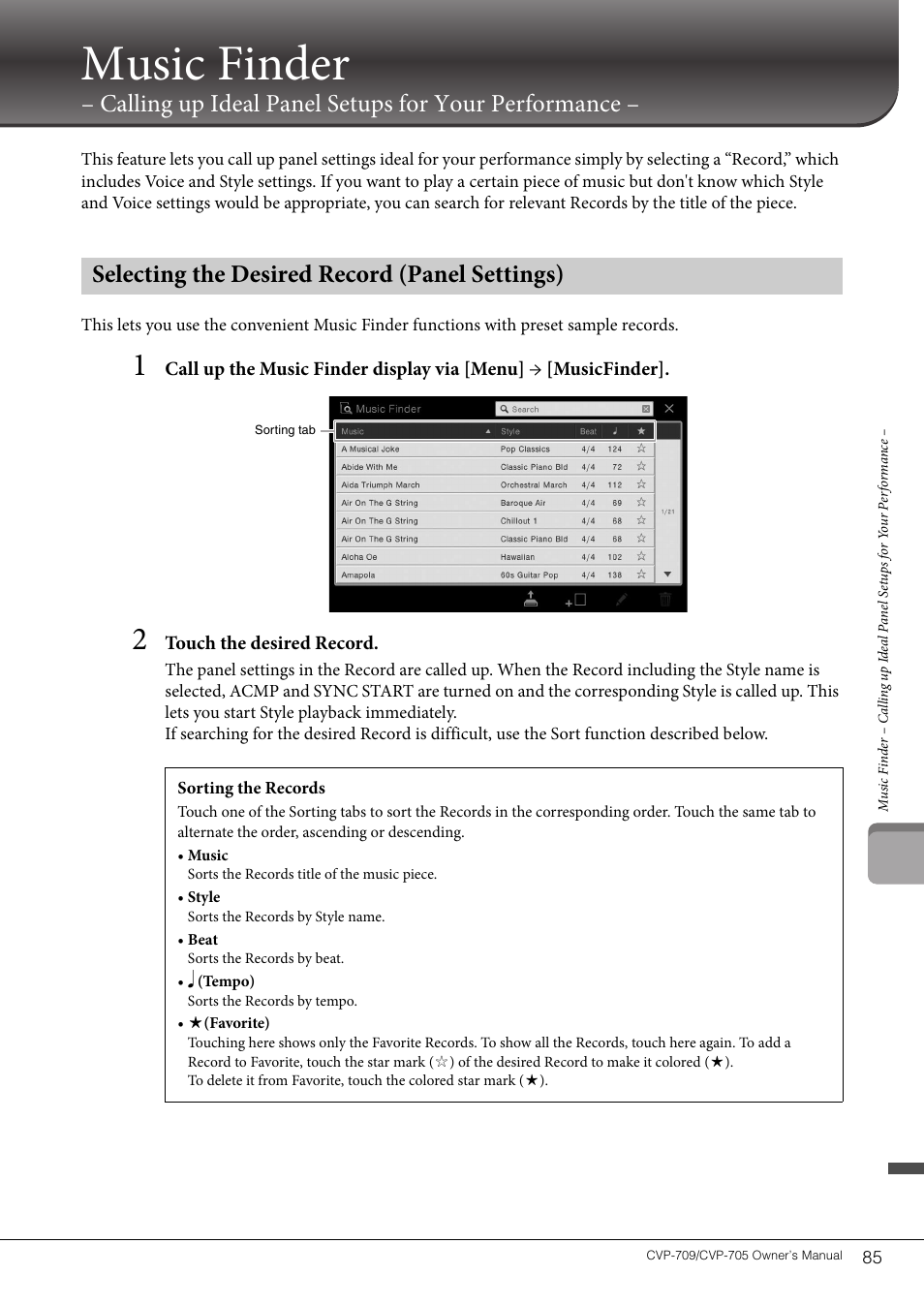 Selecting the desired record (panel settings), Music finder, Calling up ideal panel setups for your performance | Yamaha CVP-705B User Manual | Page 85 / 128