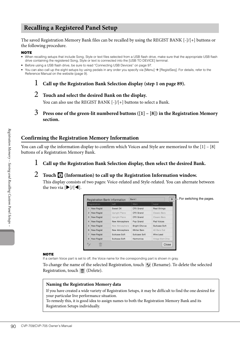 Recalling a registered panel setup | Yamaha CVP-705B User Manual | Page 90 / 128