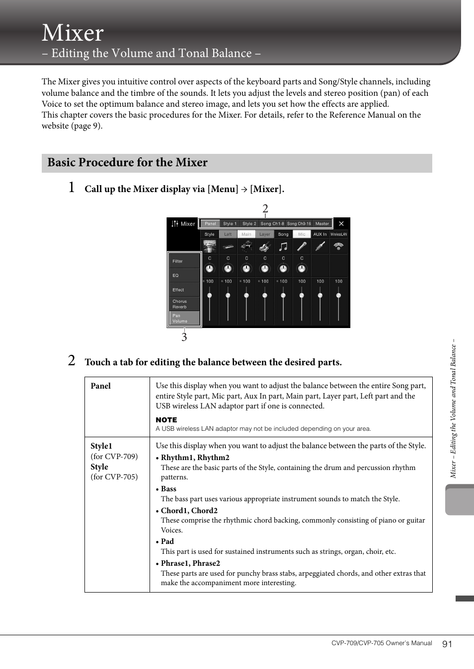 Mixer – editing the volume and tonal balance, Basic procedure for the mixer, Mixer | Editing the volume and tonal balance | Yamaha CVP-705B User Manual | Page 91 / 128