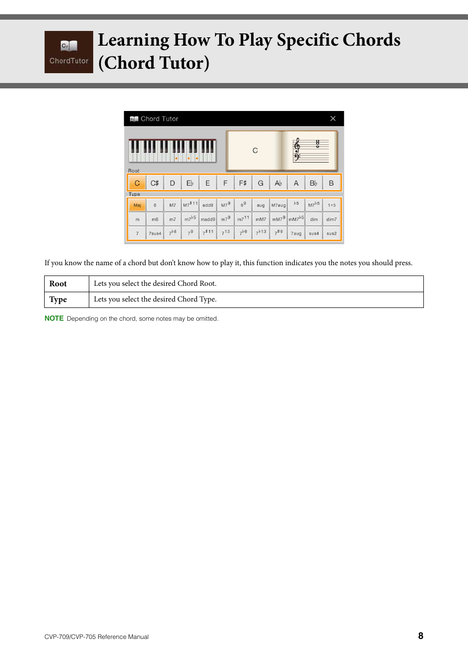 Learning how to play specific chords (chord tutor) | Yamaha CVP-705B User Manual | Page 8 / 117