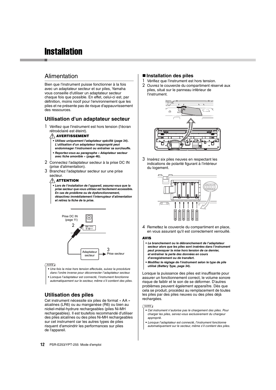 Installation, Alimentation, Utilisation d'un adaptateur secteur | Utilisation des piles, Installation des piles | Yamaha PSR-E253 User Manual | Page 12 / 48
