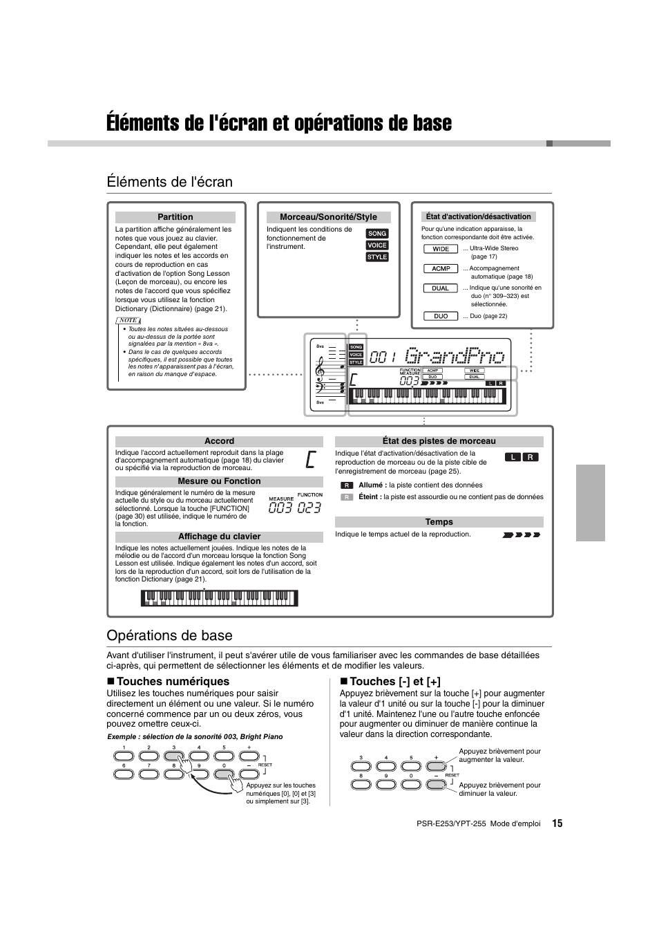 Éléments de l'écran et opérations de base, Éléments de l'écran, Opérations de base | Éléments de l'écran et opérations de base 15, Éléments de l'écran opérations de base, Grandpno, Touches numériques, Touches [-] et | Yamaha PSR-E253 User Manual | Page 15 / 48