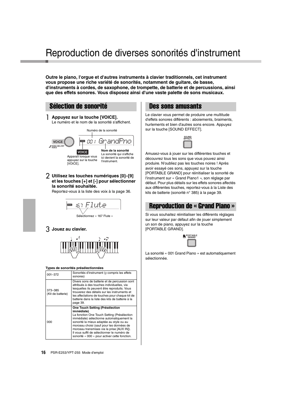Référence, Reproduction de diverses sonorités d'instrument, Sélection de sonorité | Des sons amusants, Reproduction de « grand piano, Des sons amusants reproduction de « grand piano, Grandpno, Flute | Yamaha PSR-E253 User Manual | Page 16 / 48