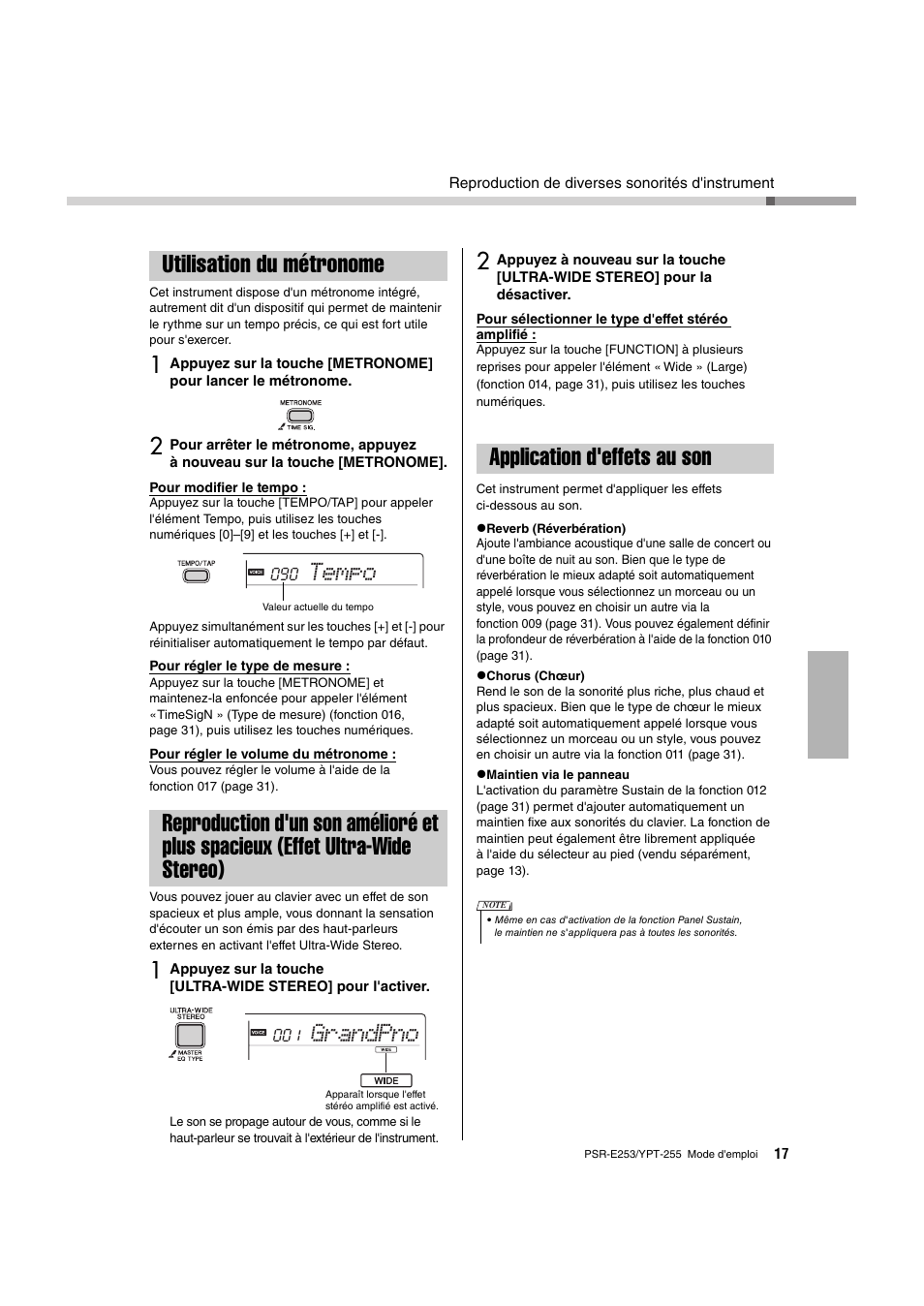 Utilisation du métronome, Application d'effets au son, Et plus spacieux (effet ultra-wide stereo) | Tempo, Grandpno | Yamaha PSR-E253 User Manual | Page 17 / 48
