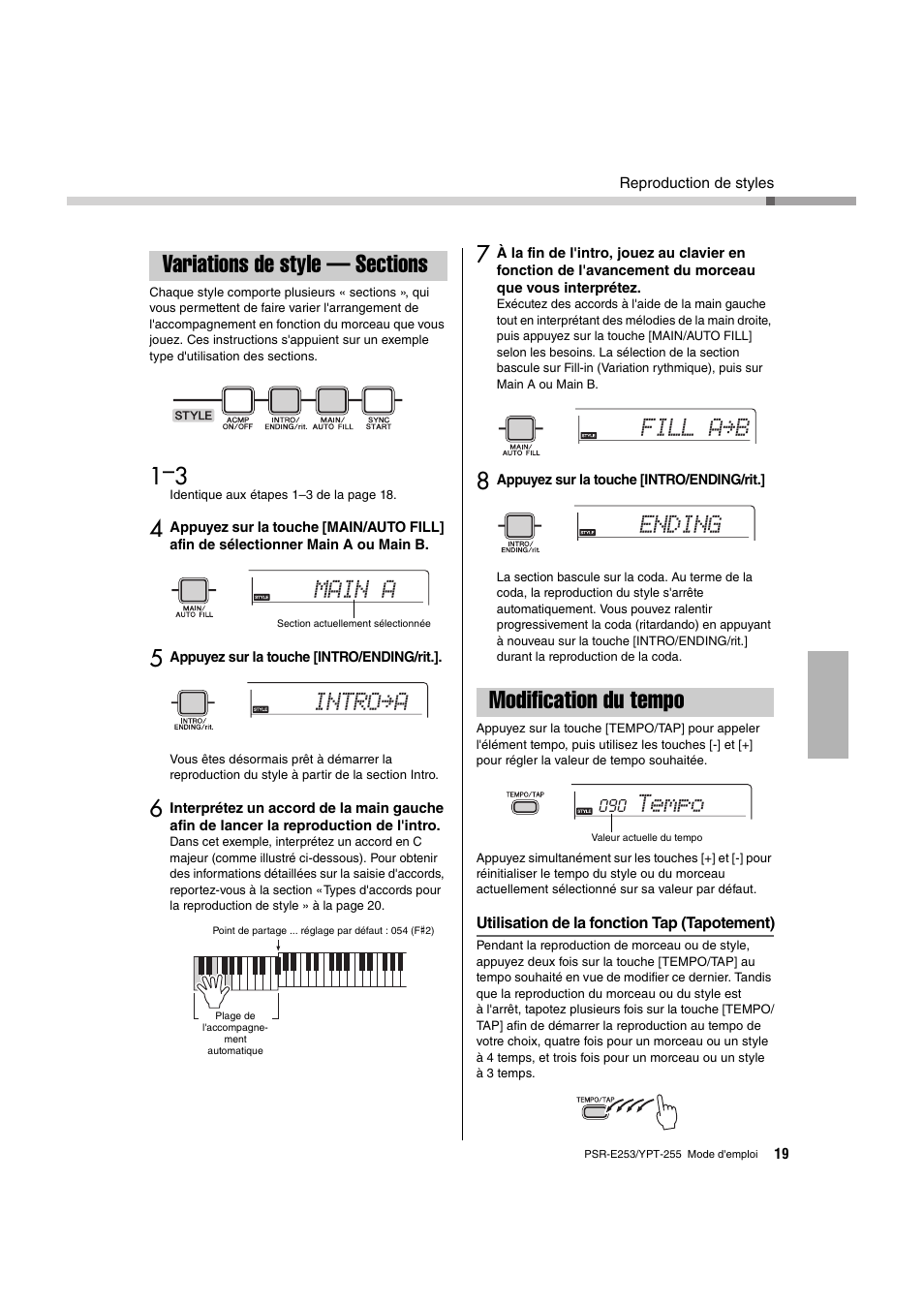 Variations de style — sections, Modification du tempo, Main a | Intro≥a, Fill a≥b ending tempo | Yamaha PSR-E253 User Manual | Page 19 / 48