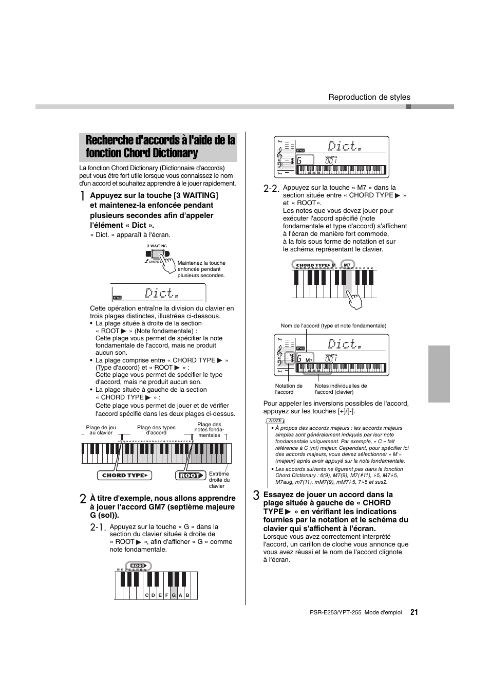 Recherche d'accords à l'aide, De la fonction chord dictionary, Dict | Yamaha PSR-E253 User Manual | Page 21 / 48