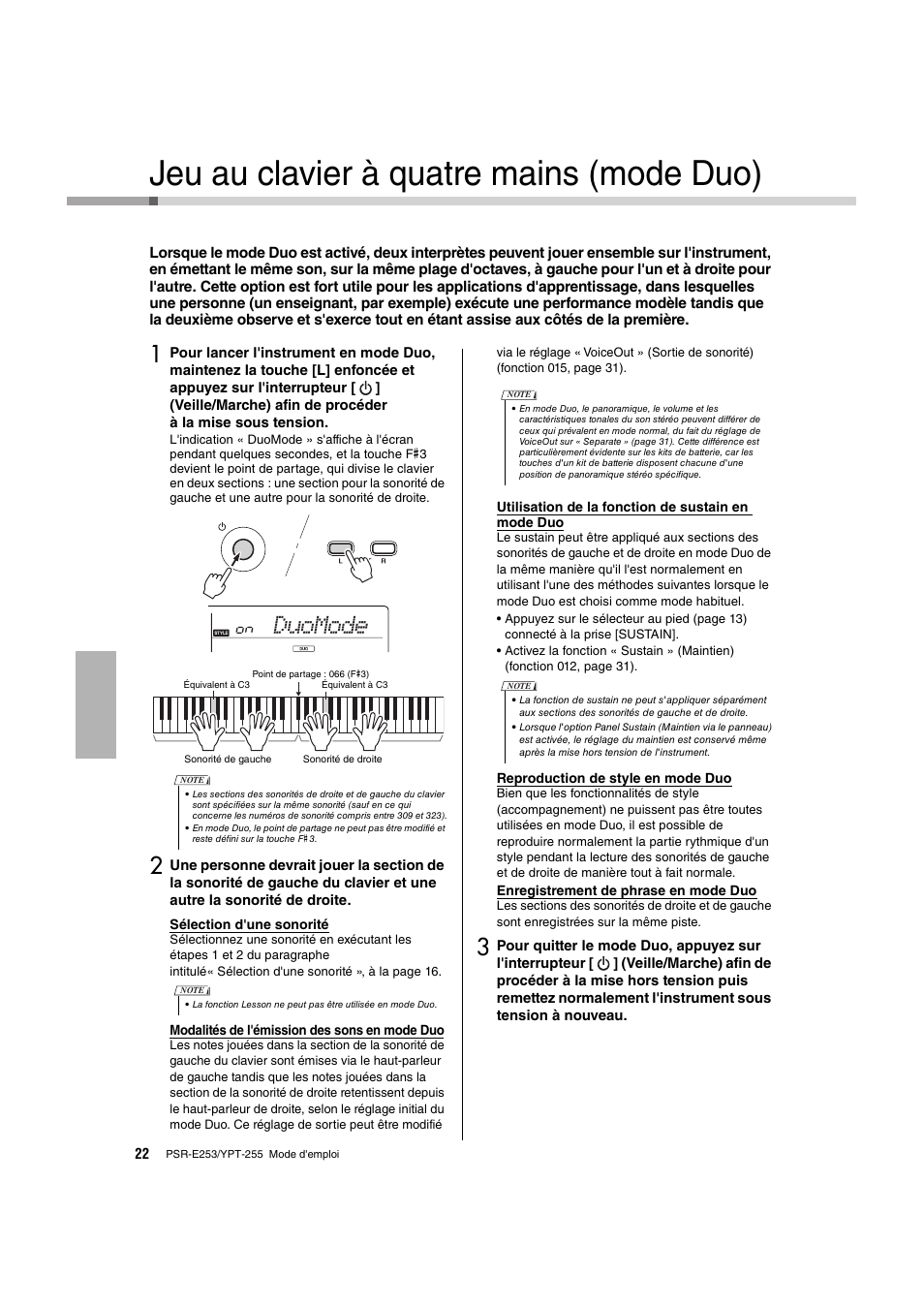 Jeu au clavier à quatre mains (mode duo), Jeu au clavier à quatre mains (mode duo) 22, Duomode | Yamaha PSR-E253 User Manual | Page 22 / 48