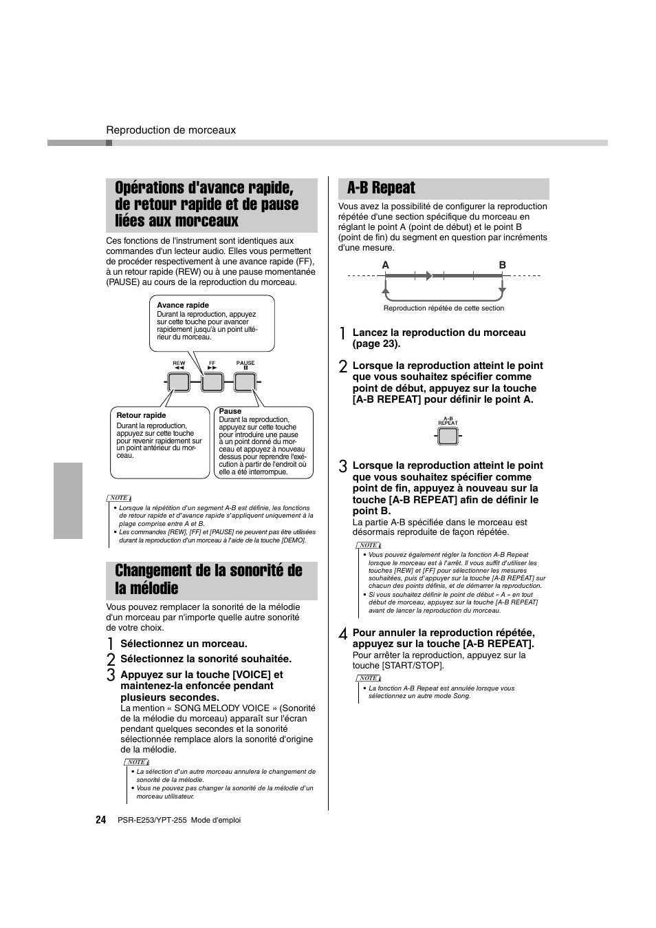 Changement de la sonorité de la mélodie, A-b repeat, Opérations d'avance rapide, de retour rapide | Et de pause liées aux morceaux, Changement de la sonorité de la mélodie a-b repeat | Yamaha PSR-E253 User Manual | Page 24 / 48