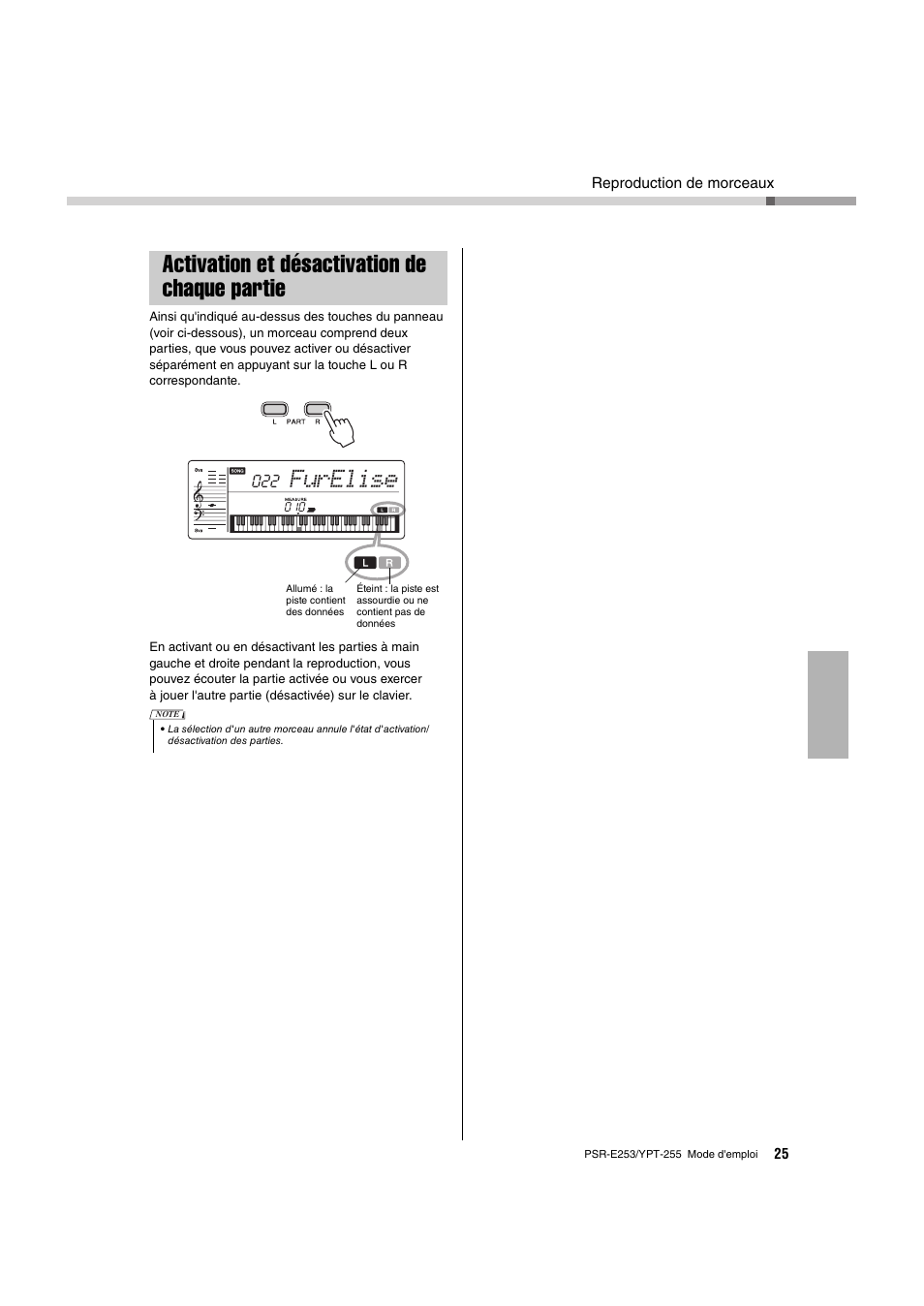 Activation et désactivation de chaque partie, Furelise | Yamaha PSR-E253 User Manual | Page 25 / 48