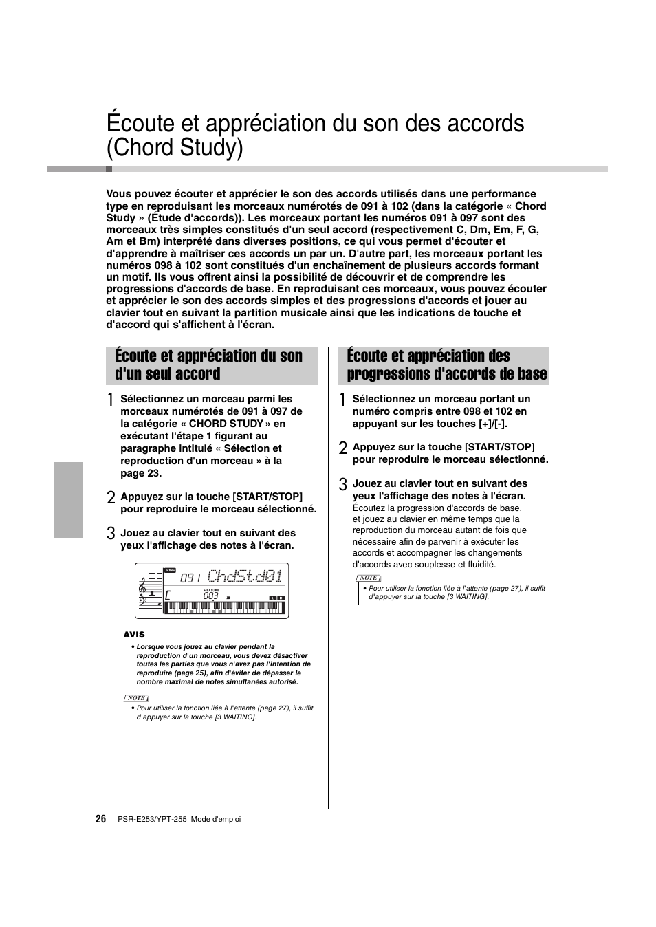 Écoute et appréciation du son d'un seul accord, D'accords de base, Chdstd01 | Yamaha PSR-E253 User Manual | Page 26 / 48