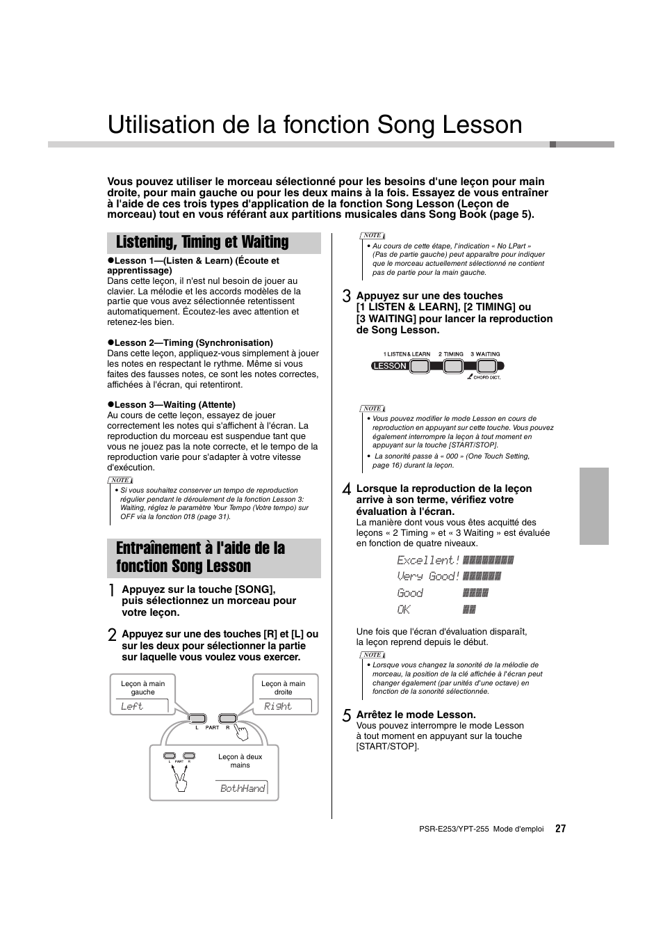 Utilisation de la fonction song lesson, Listening, timing et waiting, Entraînement à l'aide de la fonction song lesson | Listening, timing et waiting entraînement à l'aide, De la fonction song lesson | Yamaha PSR-E253 User Manual | Page 27 / 48