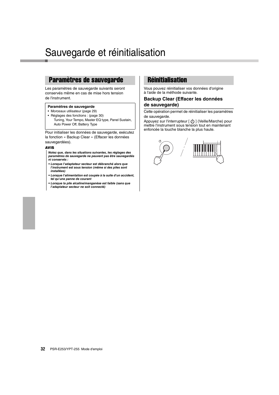 Sauvegarde et réinitialisation, Paramètres de sauvegarde, Réinitialisation | Paramètres de sauvegarde réinitialisation | Yamaha PSR-E253 User Manual | Page 32 / 48