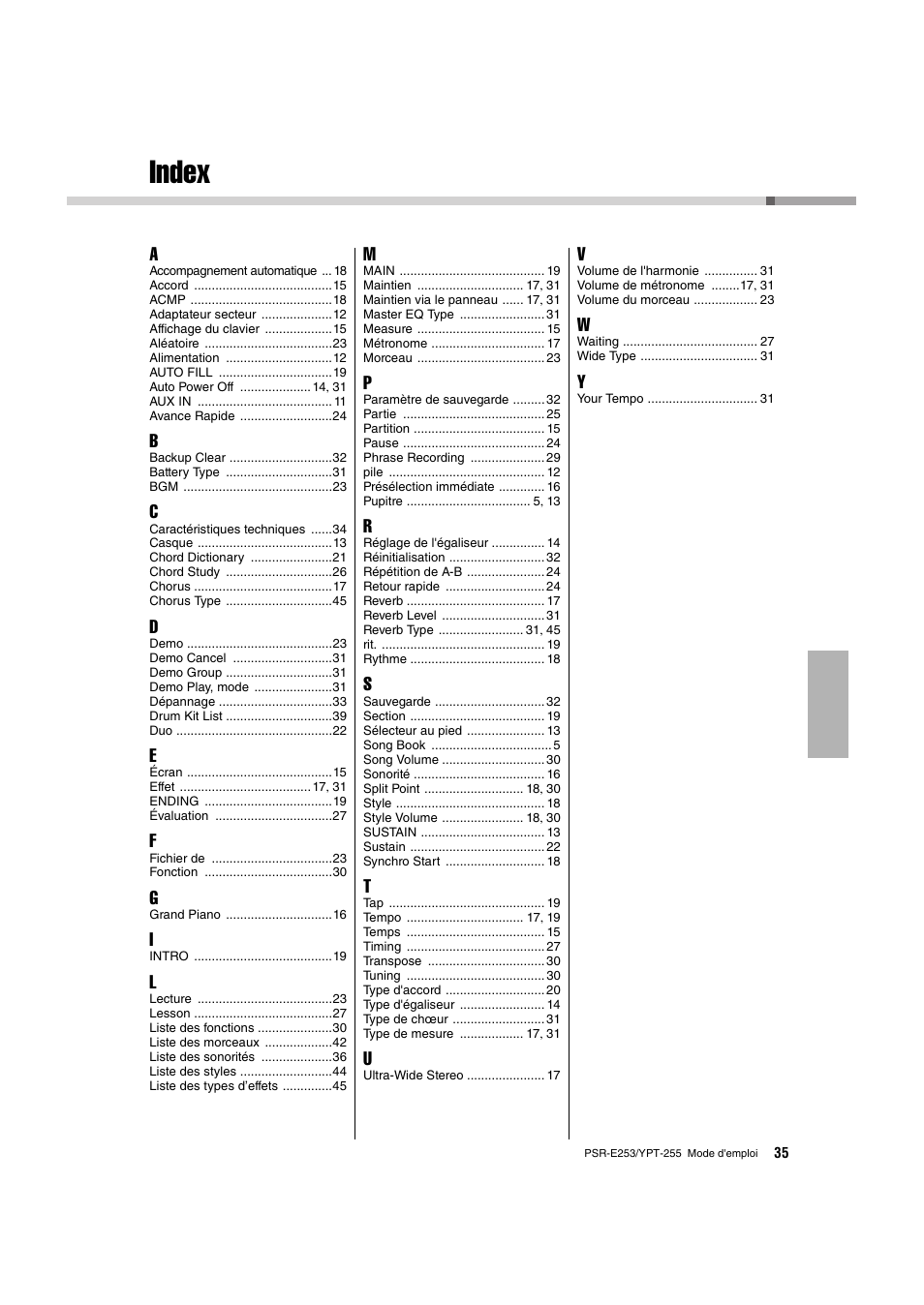 Index | Yamaha PSR-E253 User Manual | Page 35 / 48