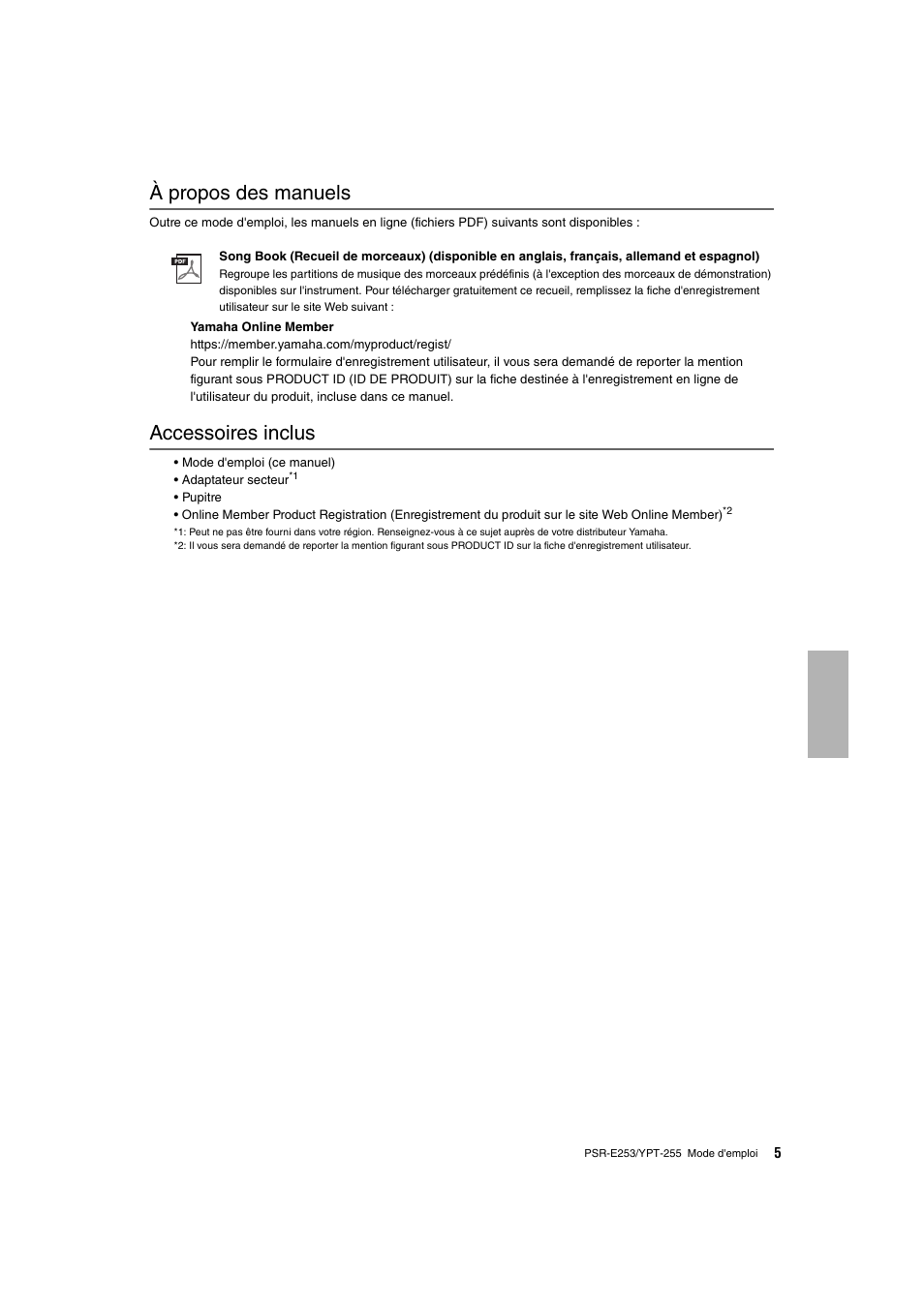 À propos des manuels, Accessoires inclus | Yamaha PSR-E253 User Manual | Page 5 / 48