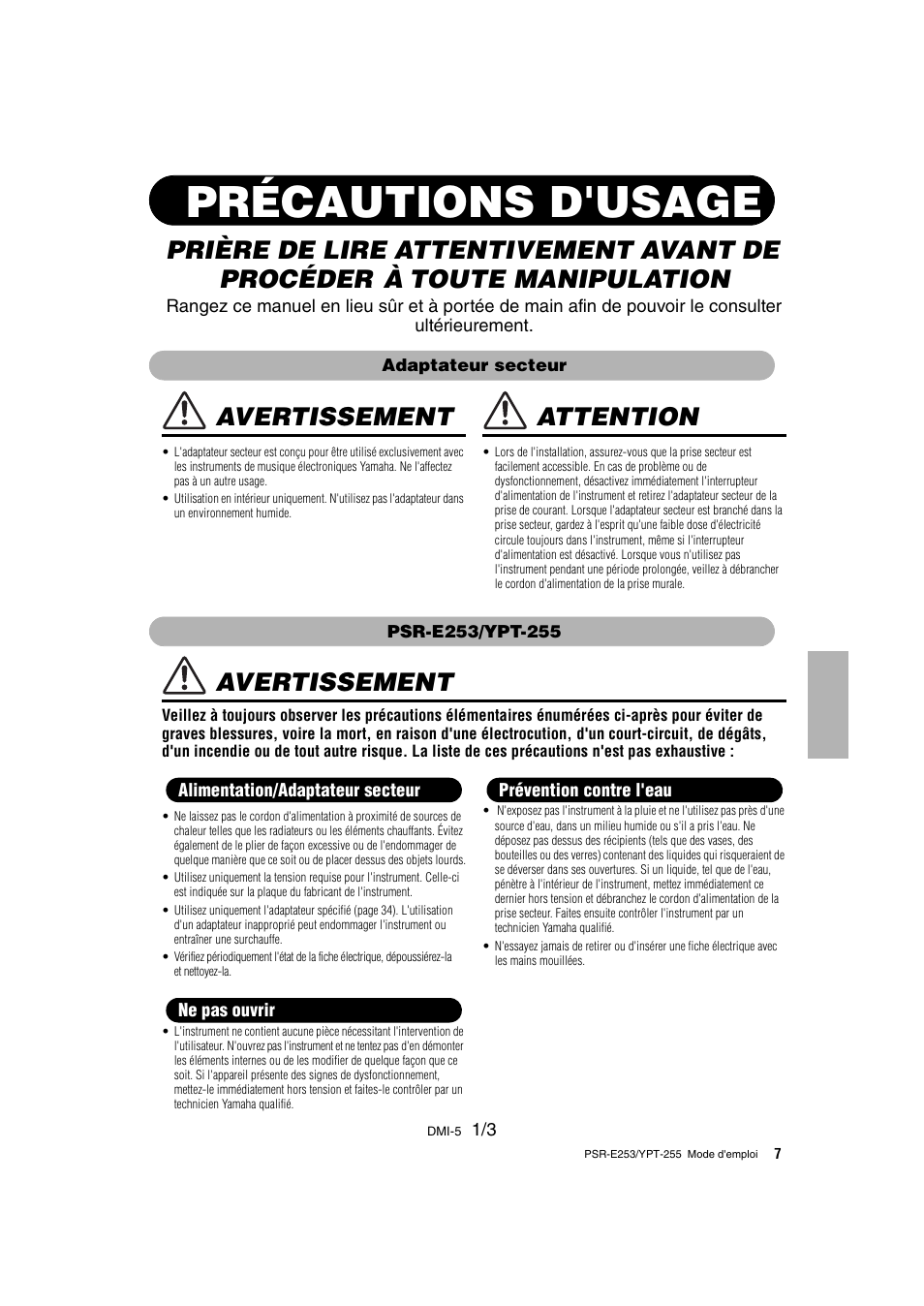 Précautions d'usage, Avertissement, Attention | Yamaha PSR-E253 User Manual | Page 7 / 48