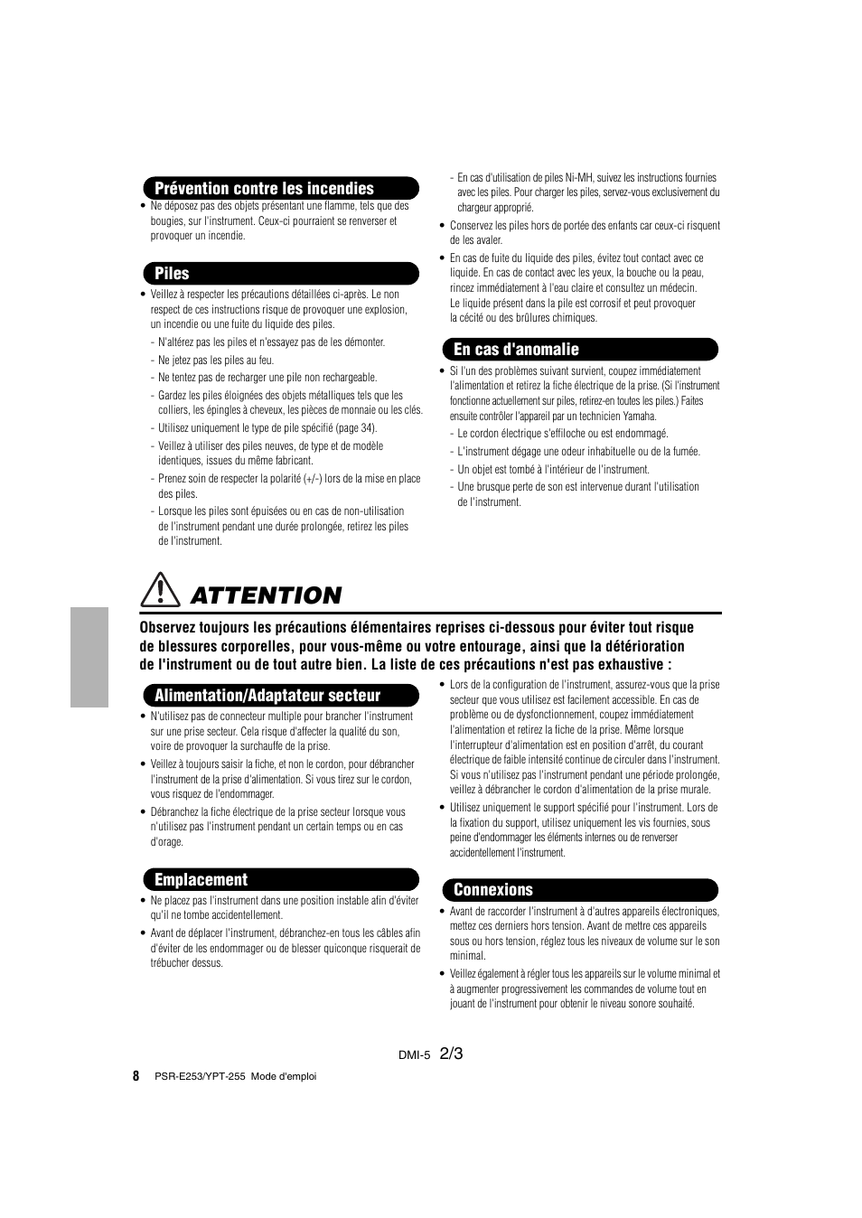 Attention | Yamaha PSR-E253 User Manual | Page 8 / 48