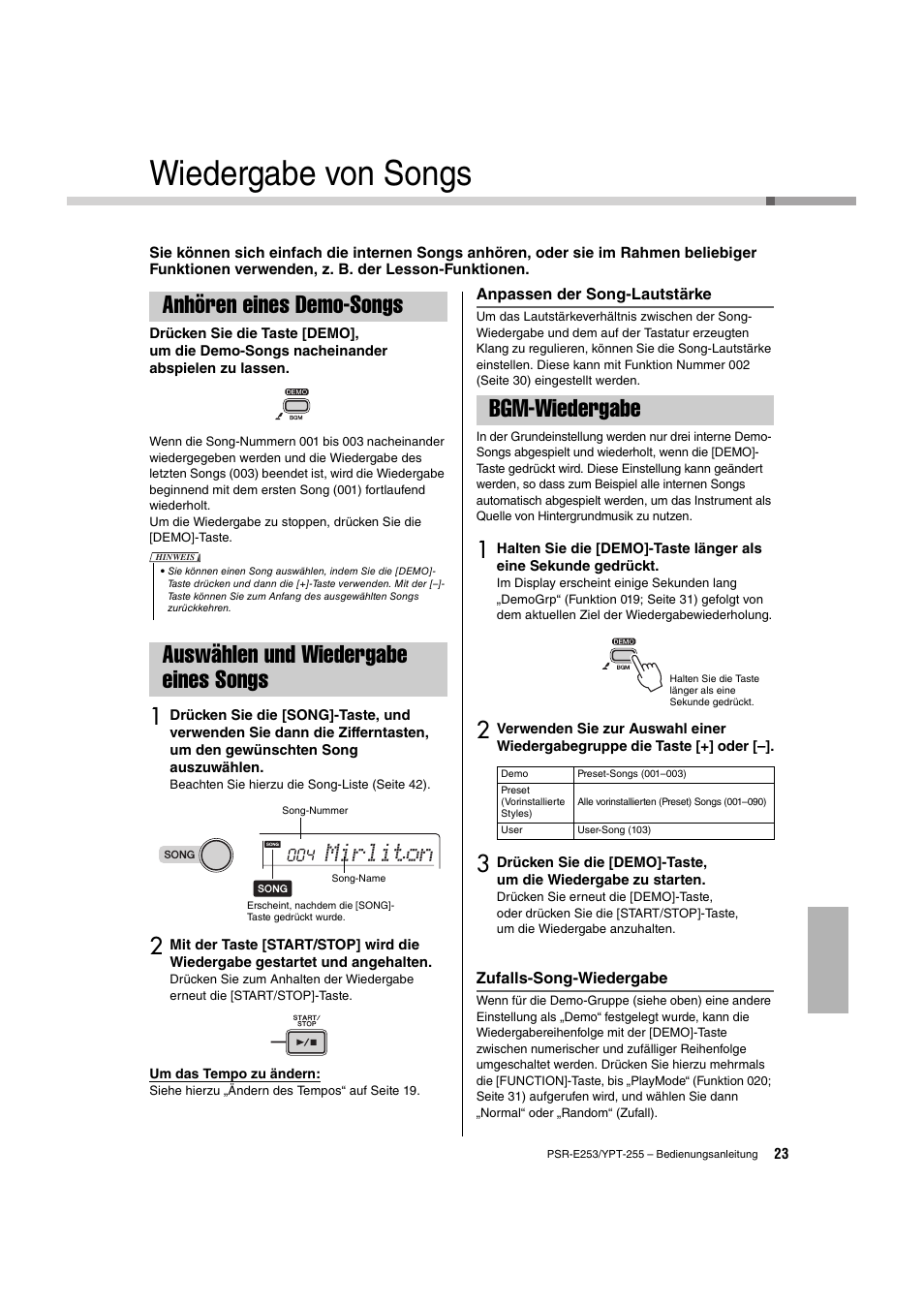 Wiedergabe von songs, Anhören eines demo-songs, Auswählen und wiedergabe eines songs | Bgm-wiedergabe, Seite 23, Mirliton | Yamaha PSR-E253 User Manual | Page 23 / 48