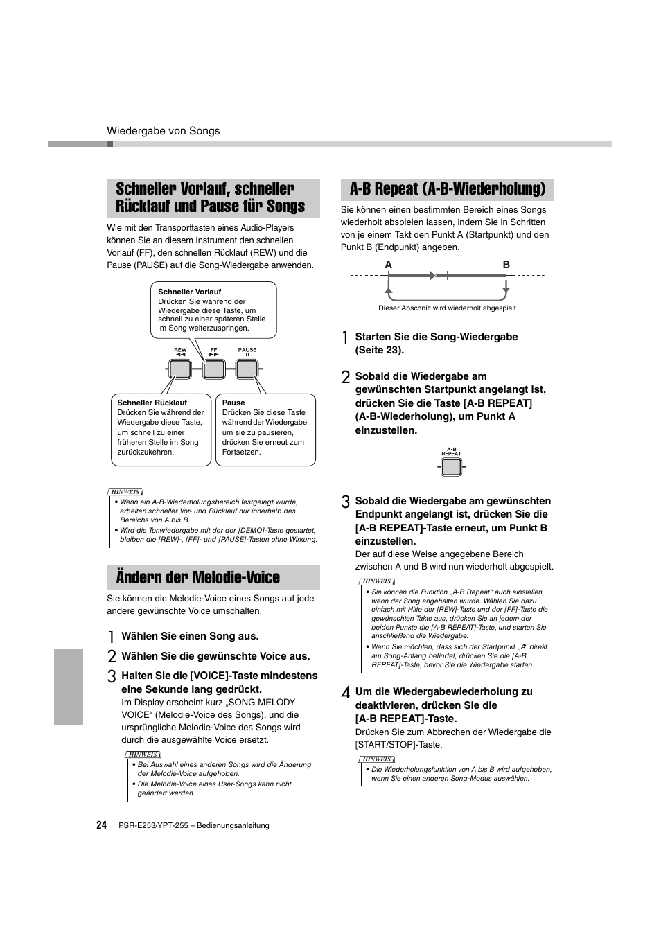 Ändern der melodie-voice, A-b repeat (a-b-wiederholung), Schneller vorlauf, schneller rücklauf | Und pause für songs, Seite 24 | Yamaha PSR-E253 User Manual | Page 24 / 48