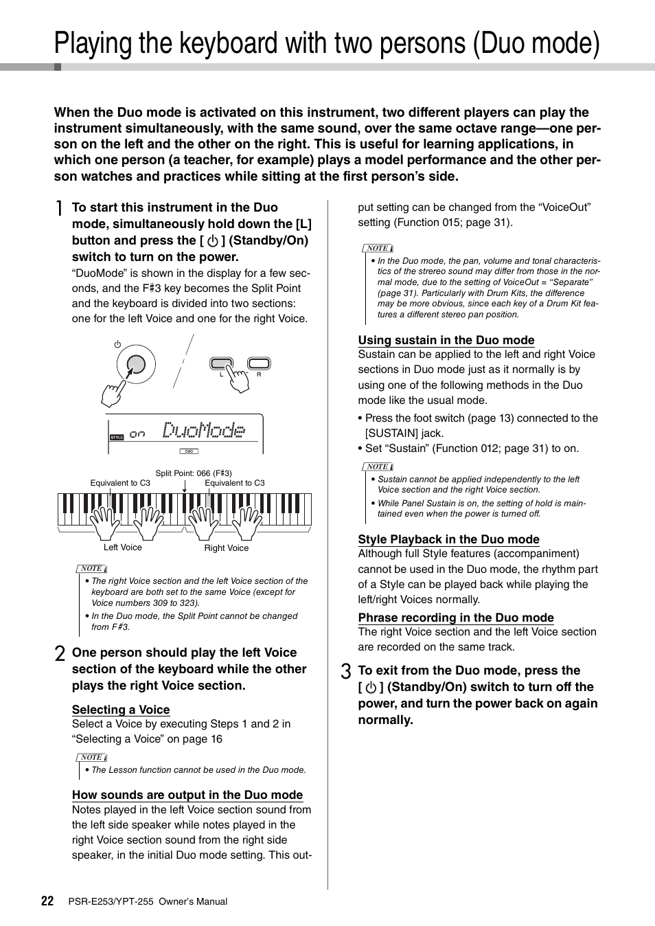 Playing the keyboard with two persons (duo mode), Duomode | Yamaha PSR-E253 User Manual | Page 22 / 48