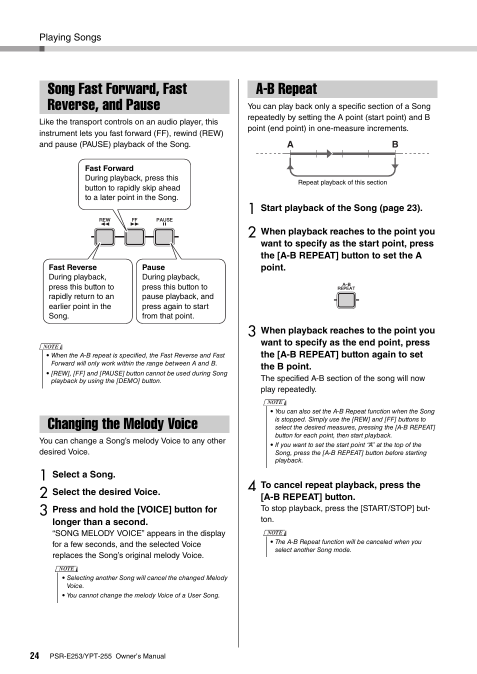 Song fast forward, fast reverse, and pause, Changing the melody voice, A-b repeat | Yamaha PSR-E253 User Manual | Page 24 / 48