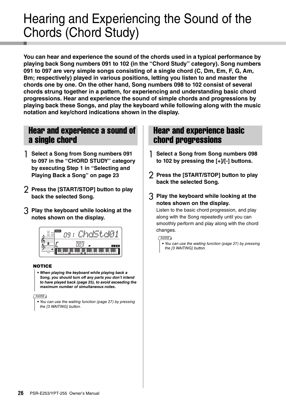 Hear and experience a sound of a single chord, Hear and experience basic chord progressions, Chdstd01 | Yamaha PSR-E253 User Manual | Page 26 / 48