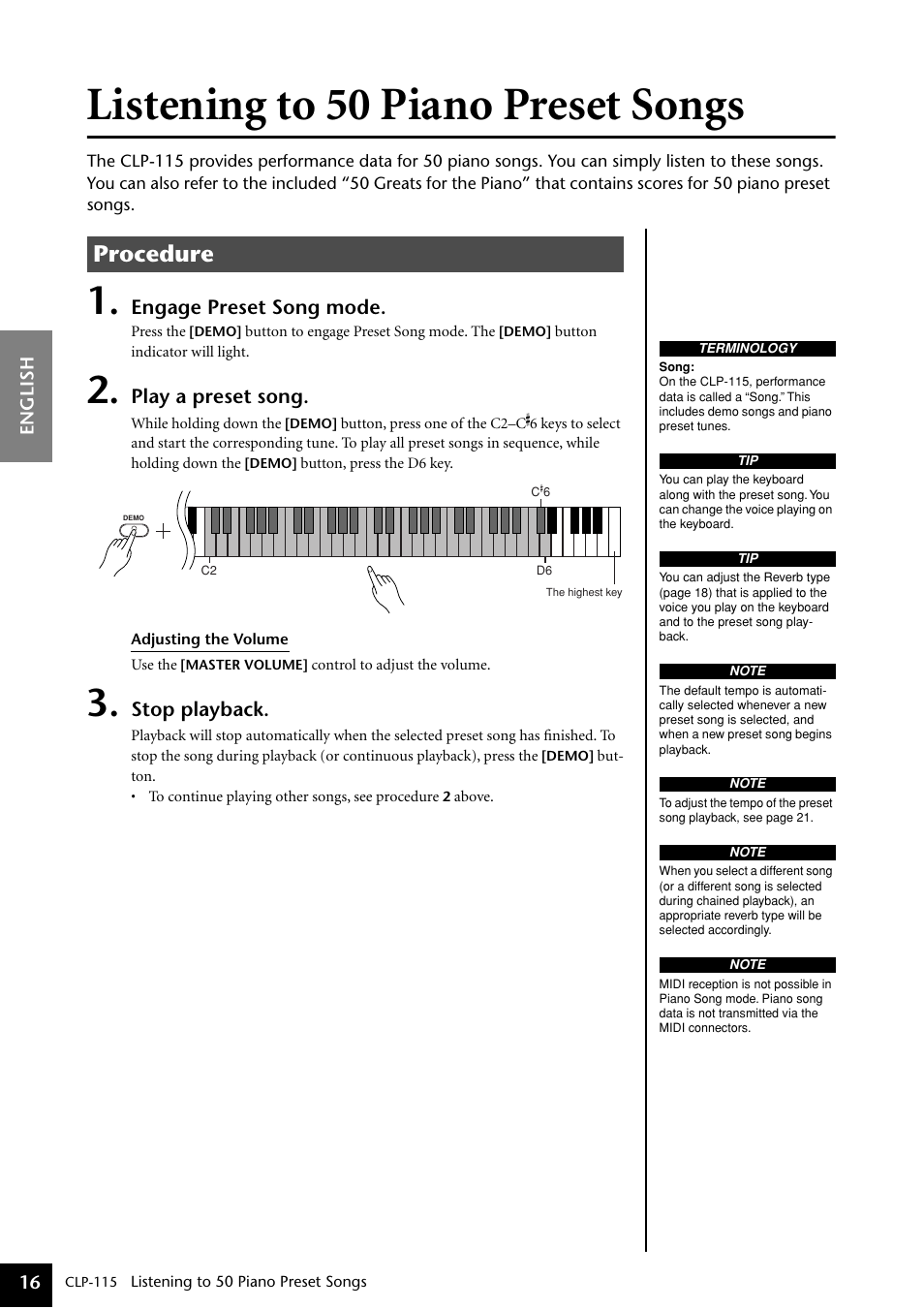 Listening to 50 piano preset songs, P15–16, Procedure | Yamaha P-115 User Manual | Page 16 / 46