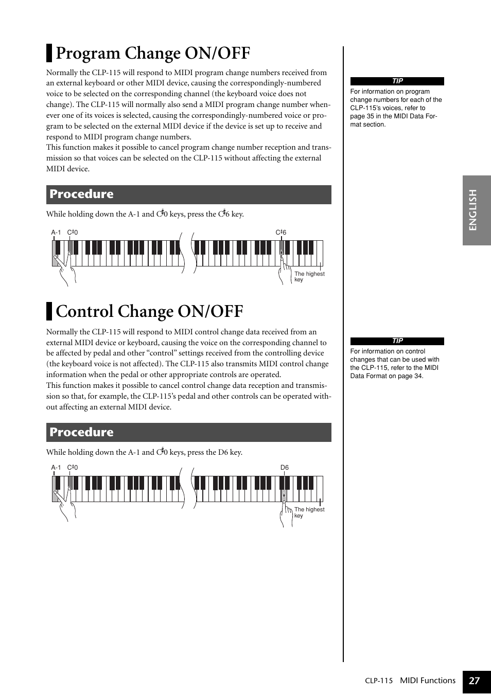 Program change on/off, Control change on/off, Program change on/off control change on/off | Procedure | Yamaha P-115 User Manual | Page 27 / 46