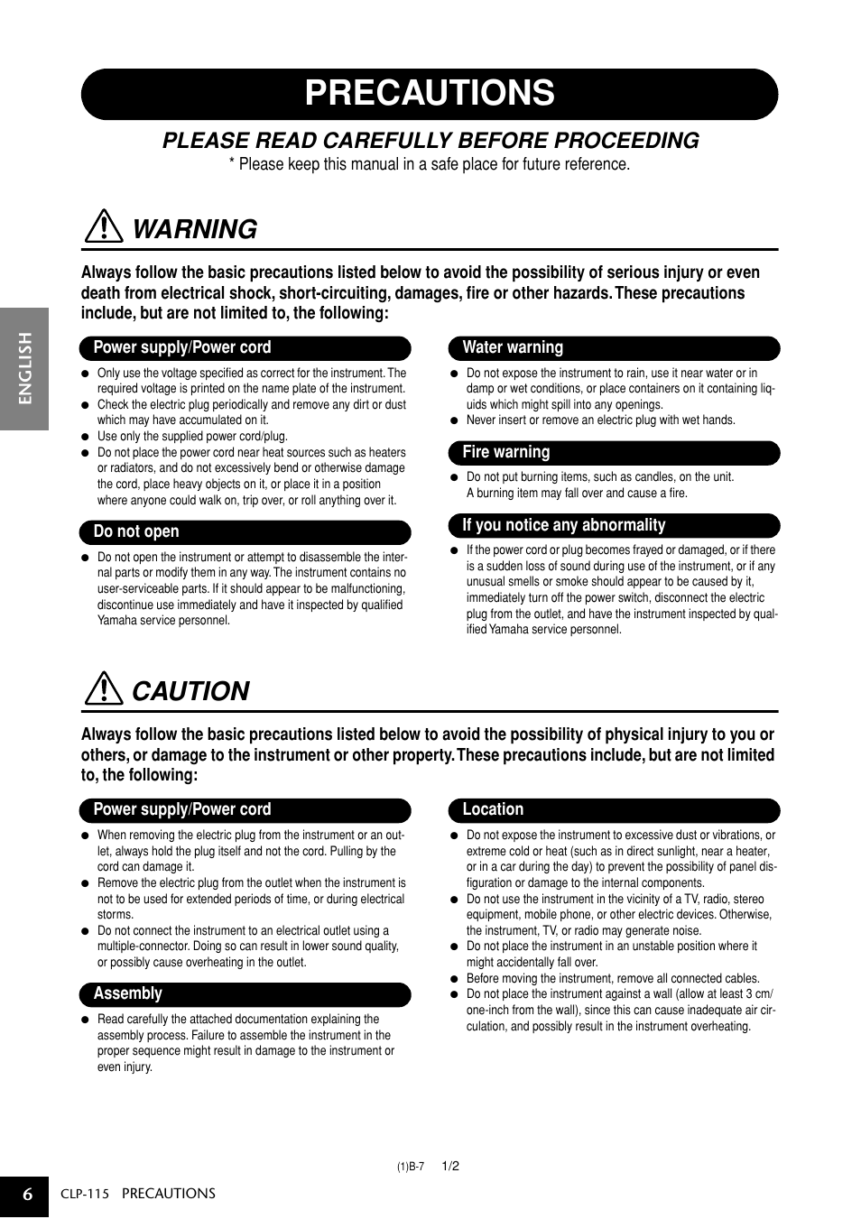 Precautions, Warning, Caution | Please read carefully before proceeding, English 6 | Yamaha P-115 User Manual | Page 6 / 46